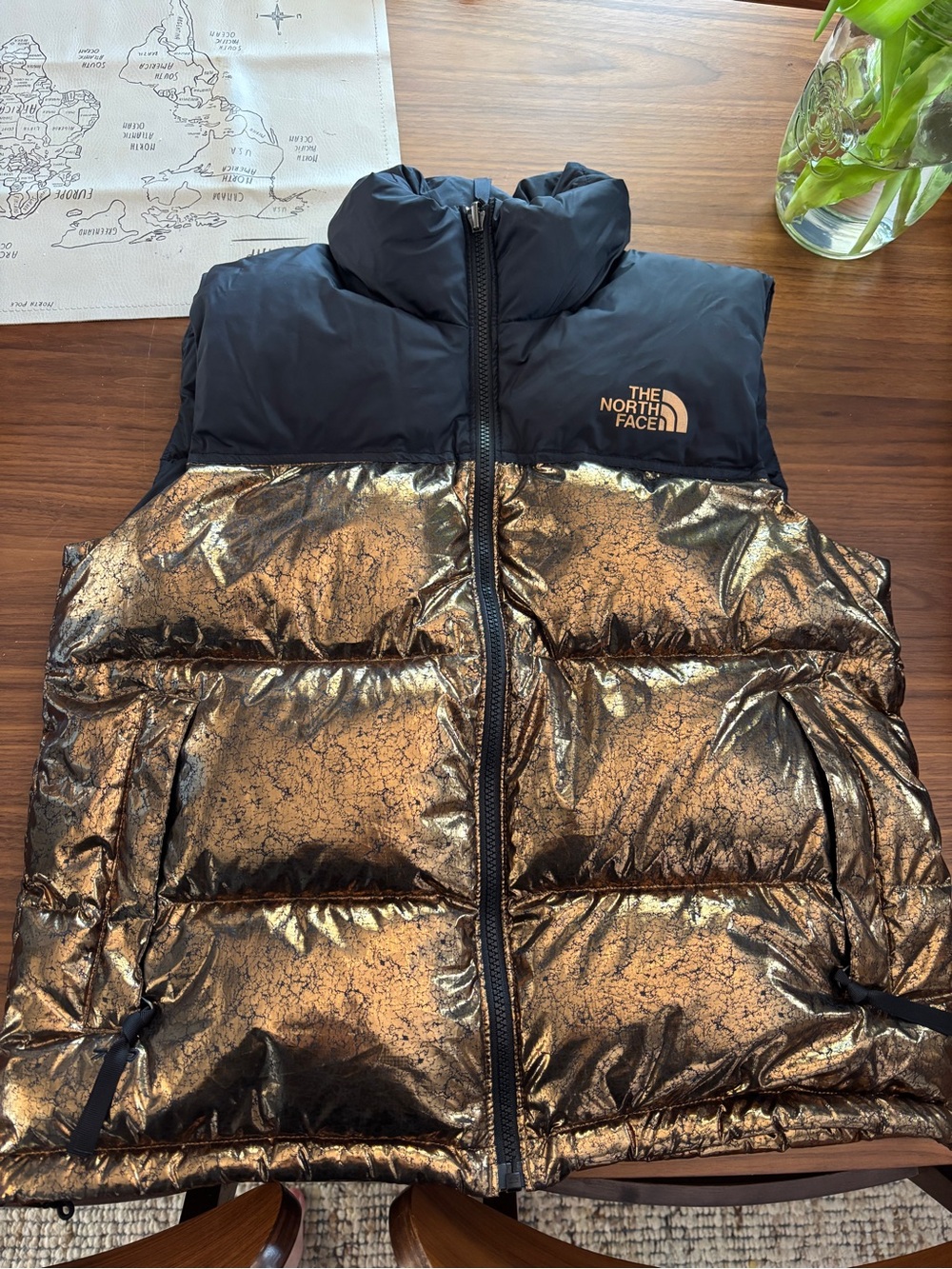 The North Face Metallic Gold and Black Puffer Vest